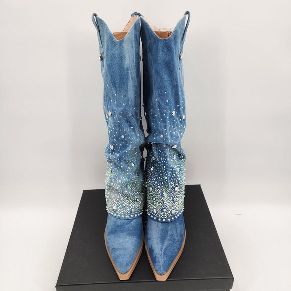 AZALEA WANG Mellow Denim Western Rhinestone Studded Cowgirl Cowboy Boots 7-11 - Picture 11 of 12